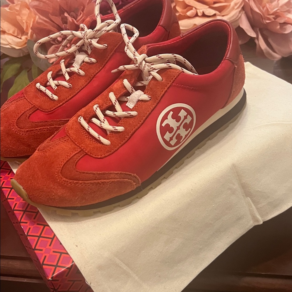 Tory Burch Women's Vintage Nylon Runner sneaker in red suede and nylon. - Picture 3 of 9